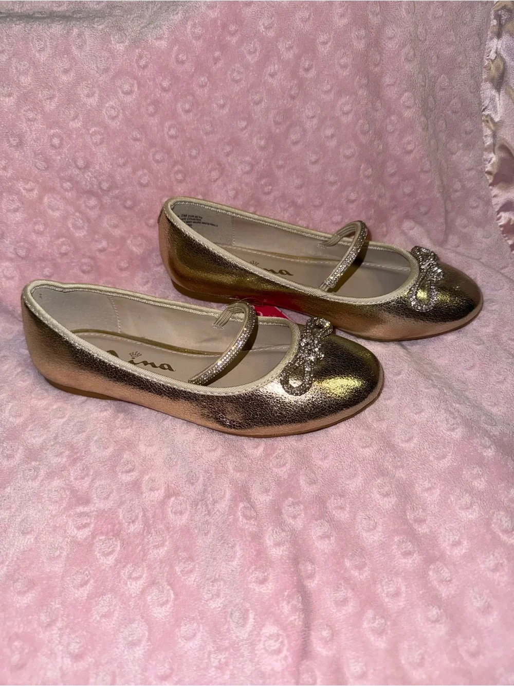 Nina Girls Gold Metallic Mary Jane Flats with Bow Size 2 #New